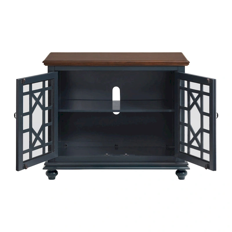 Meuble TV traditionnel gris antique / blanc crème / vert sarcelle / noir / bleu catalina / bleu-noyer / blanc-gris avec portes vitrées à croisillons - Usage unique