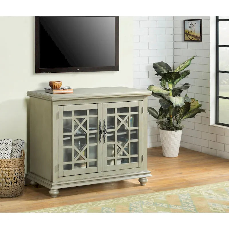 Meuble TV traditionnel gris antique / blanc crème / vert sarcelle / noir / bleu catalina / bleu-noyer / blanc-gris avec portes vitrées à croisillons - Usage unique