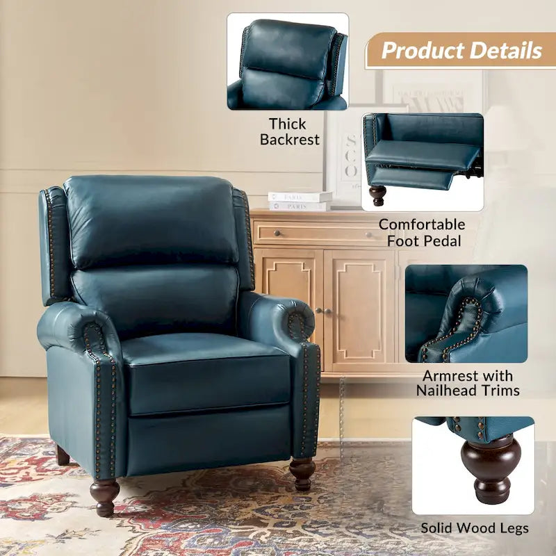 Fauteuil inclinable à dossier inclinable en cuir pleine fleur de style Mid-Century, couleurs marine/vert/noir/marron/vert sauge/chameau/turquoise/colombe/beige/bordeaux – Usage unique