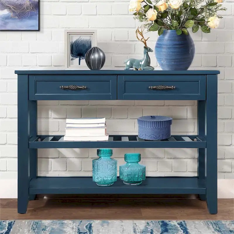 Buffet de salle à manger/crédence en bois massif de style Mid-Century avec 2 tiroirs et étagères ouvertes, couleur expresso/bleu marine/gris antique/brun - Usage unique