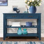 Buffet de salle à manger/crédence en bois massif de style Mid-Century avec 2 tiroirs et étagères ouvertes, couleur expresso/bleu marine/gris antique/brun - Usage unique