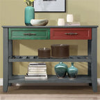 Buffet de salle à manger/crédence en bois massif de style Mid-Century avec 2 tiroirs et étagères ouvertes, couleur expresso/bleu marine/gris antique/brun - Usage unique