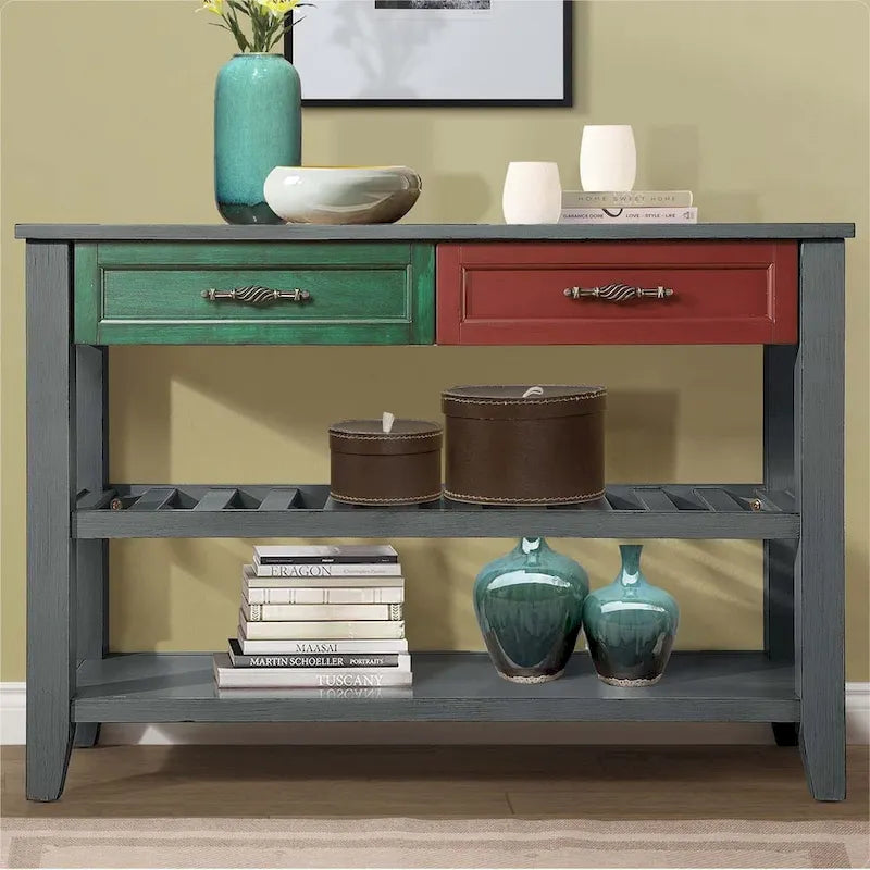 Buffet de salle à manger/crédence en bois massif de style Mid-Century avec 2 tiroirs et étagères ouvertes, couleur expresso/bleu marine/gris antique/brun - Usage unique