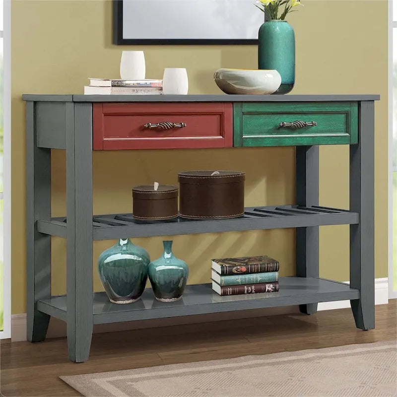 Buffet de salle à manger/crédence en bois massif de style Mid-Century avec 2 tiroirs et étagères ouvertes, couleur expresso/bleu marine/gris antique/brun - Usage unique