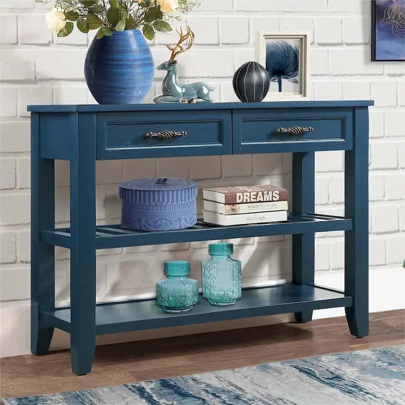 Buffet de salle à manger/crédence en bois massif de style Mid-Century avec 2 tiroirs et étagères ouvertes, couleur expresso/bleu marine/gris antique/brun - Usage unique