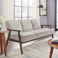 Canapé en tissu aspect lin gris/bleu/jaune de style moderne du milieu du siècle avec pieds en noyer - 3 places