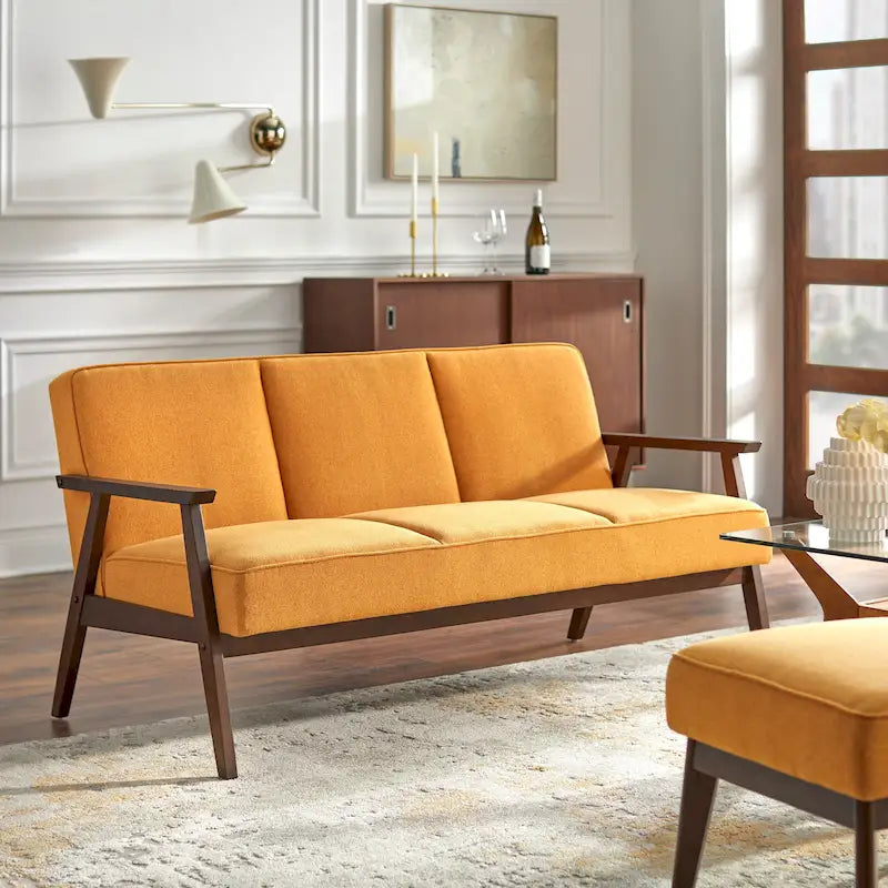 Canapé en tissu aspect lin gris/bleu/jaune de style moderne du milieu du siècle avec pieds en noyer - 3 places