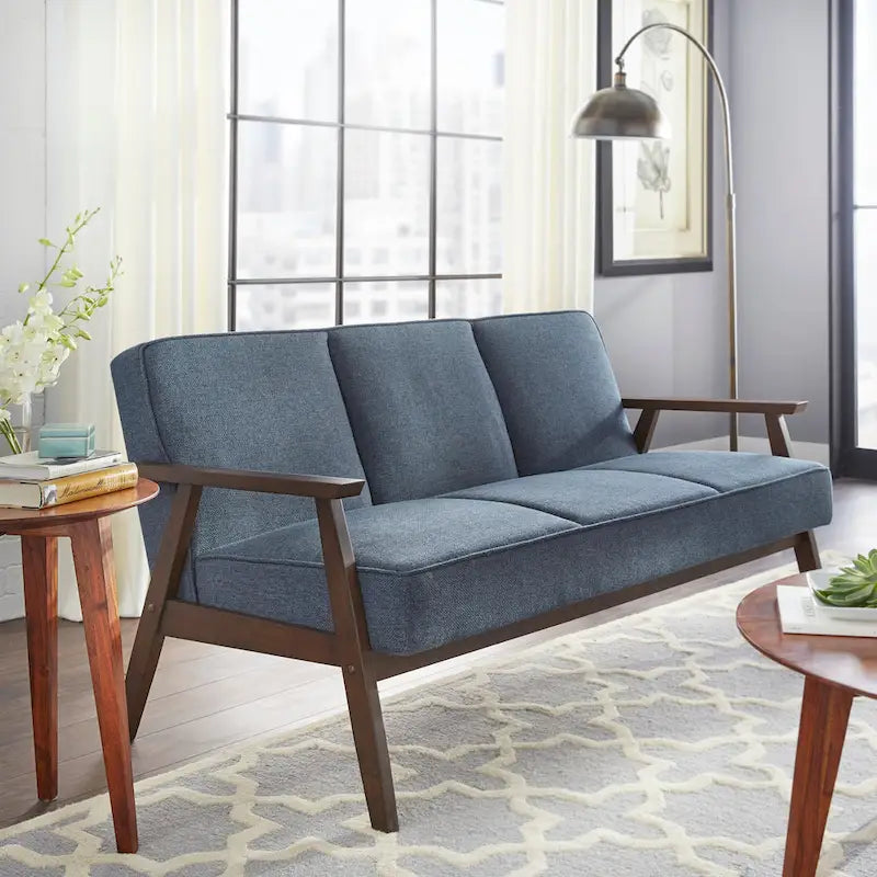 Canapé en tissu aspect lin gris/bleu/jaune de style moderne du milieu du siècle avec pieds en noyer - 3 places