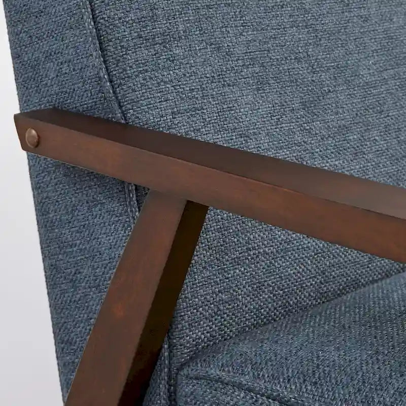 Canapé en tissu aspect lin gris/bleu/jaune de style moderne du milieu du siècle avec pieds en noyer - 3 places