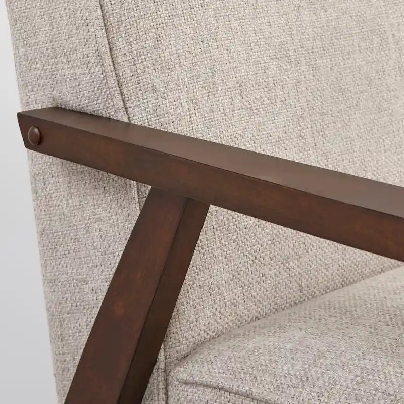 Canapé en tissu aspect lin gris/bleu/jaune de style moderne du milieu du siècle avec pieds en noyer - 3 places