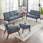 Canapé en tissu aspect lin gris/bleu/jaune de style moderne du milieu du siècle avec pieds en noyer - 3 places