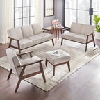Canapé en tissu aspect lin gris/bleu/jaune de style moderne du milieu du siècle avec pieds en noyer - 3 places