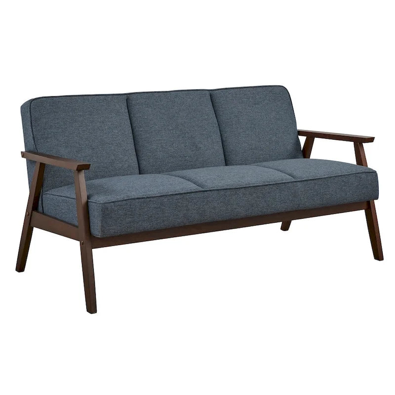 Canapé en tissu aspect lin gris/bleu/jaune de style moderne du milieu du siècle avec pieds en noyer - 3 places