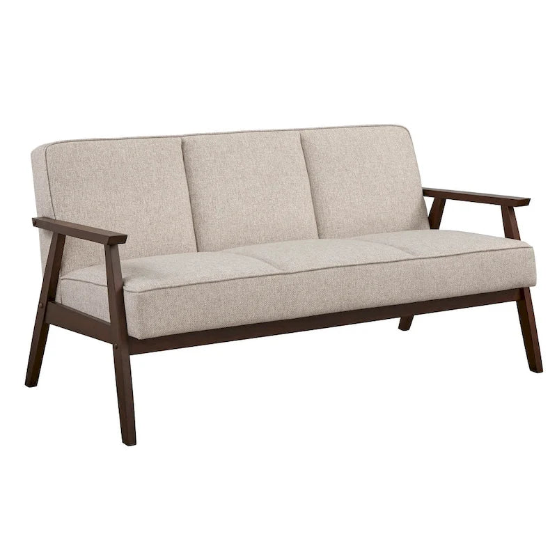 Canapé en tissu aspect lin gris/bleu/jaune de style moderne du milieu du siècle avec pieds en noyer - 3 places