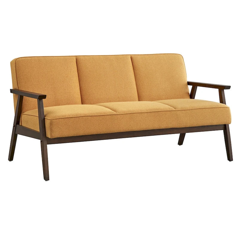 Canapé en tissu aspect lin gris/bleu/jaune de style moderne du milieu du siècle avec pieds en noyer - 3 places