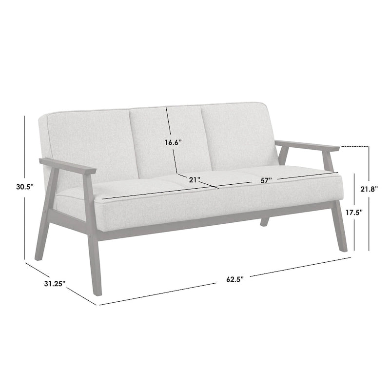Canapé en tissu aspect lin gris/bleu/jaune de style moderne du milieu du siècle avec pieds en noyer - 3 places