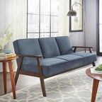 Canapé en tissu aspect lin gris/bleu/jaune de style moderne du milieu du siècle avec pieds en noyer - 3 places
