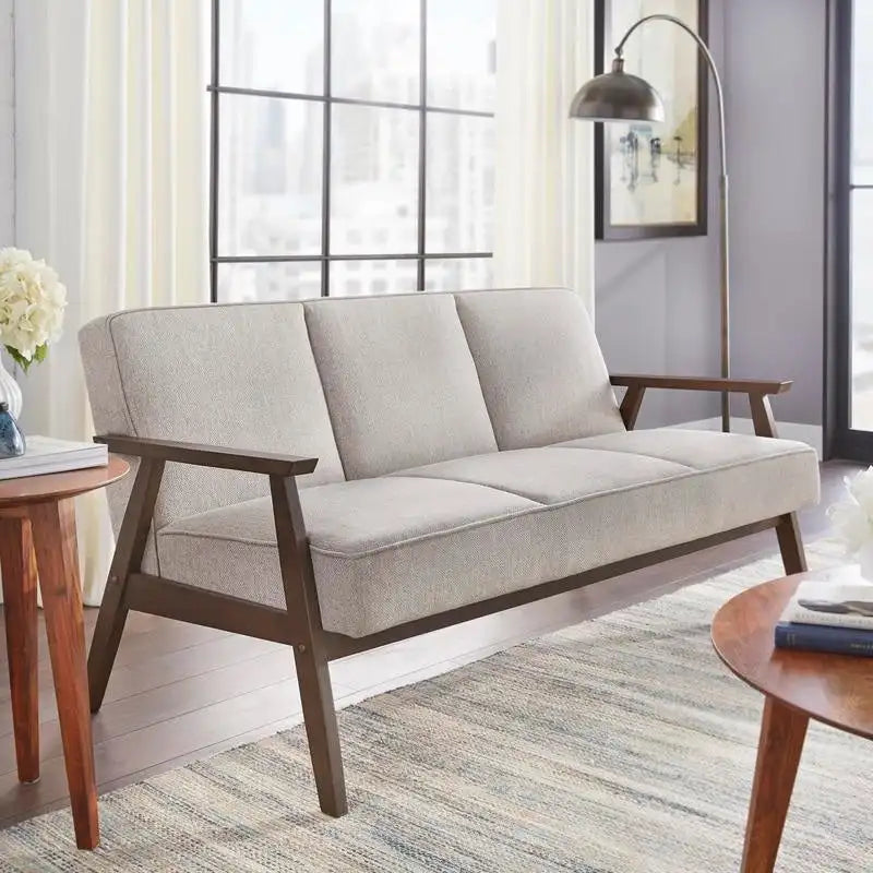 Canapé en tissu aspect lin gris/bleu/jaune de style moderne du milieu du siècle avec pieds en noyer - 3 places