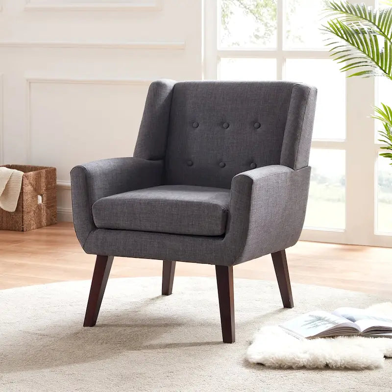 Gris / Bleu lac / Jaune / Gris clair / Beige / Bleu foncé Fauteuil d'appoint capitonné en lin de style Mid-Century - Usage unique