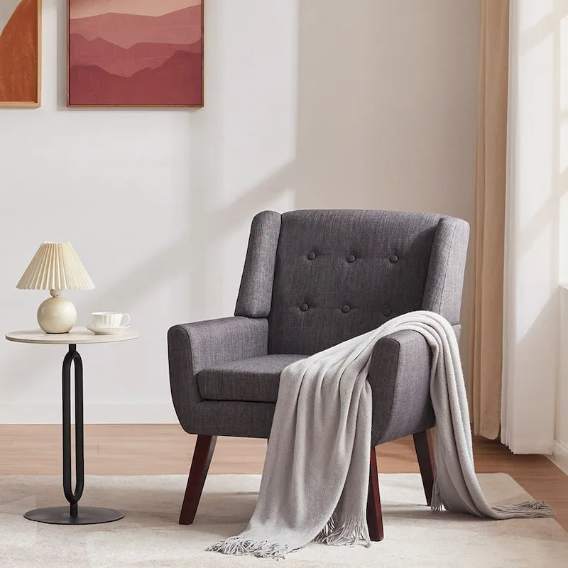 Gris / Bleu lac / Jaune / Gris clair / Beige / Bleu foncé Fauteuil d'appoint capitonné en lin de style Mid-Century - Usage unique