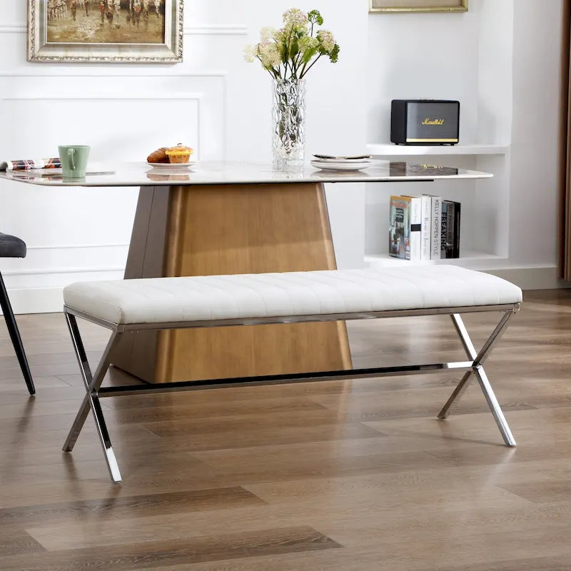 Banc de salle à manger capitonné en similicuir blanc/marron jaunâtre/noir avec pieds en métal en X - Pour 2 personnes