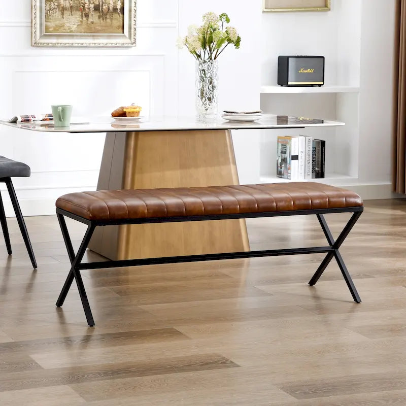Banc de salle à manger capitonné en similicuir blanc/marron jaunâtre/noir avec pieds en métal en X - Pour 2 personnes