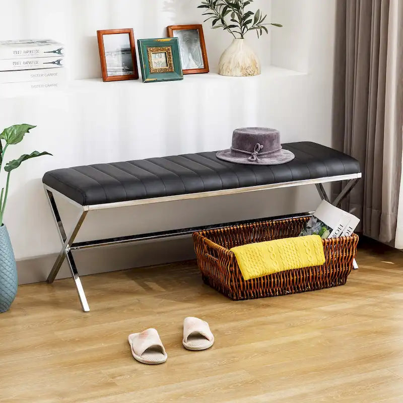 Banc de salle à manger capitonné en similicuir blanc/marron jaunâtre/noir avec pieds en métal en X - Pour 2 personnes