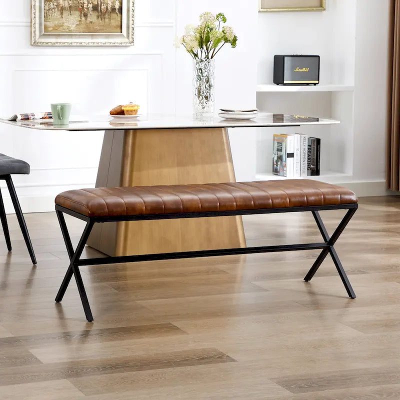 Banc de salle à manger capitonné en similicuir blanc/marron jaunâtre/noir avec pieds en métal en X - Pour 2 personnes