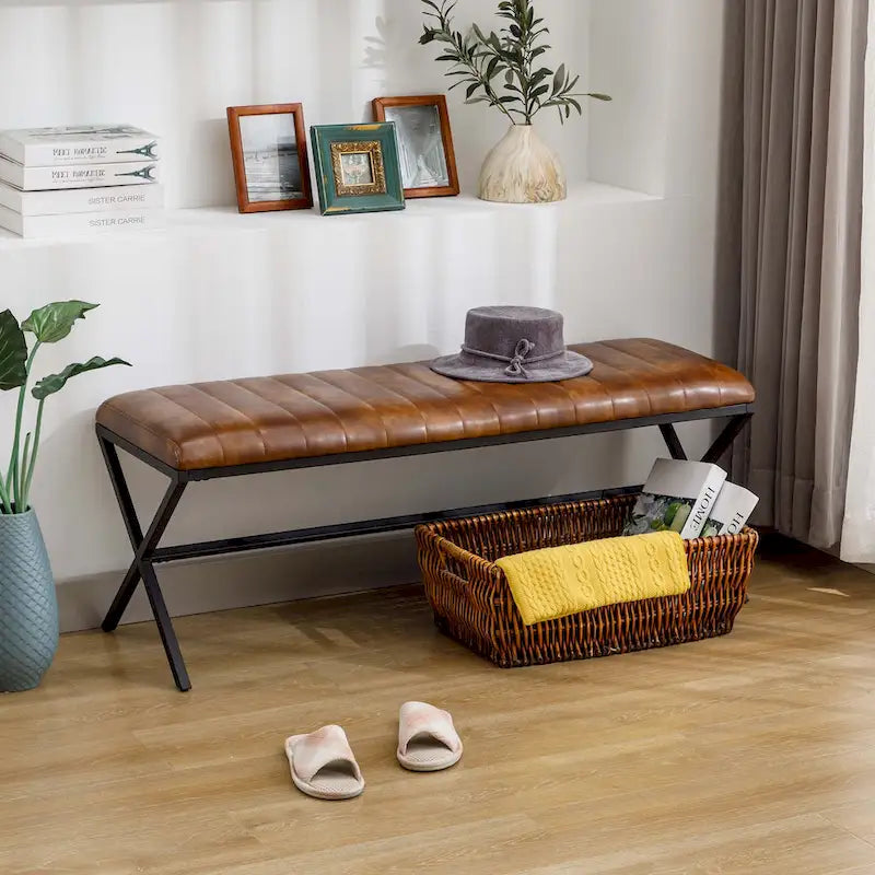 Banc de salle à manger capitonné en similicuir blanc/marron jaunâtre/noir avec pieds en métal en X - Pour 2 personnes