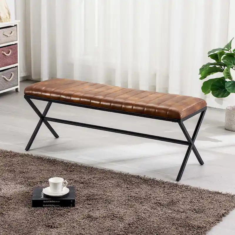 Banc de salle à manger capitonné en similicuir blanc/marron jaunâtre/noir avec pieds en métal en X - Pour 2 personnes