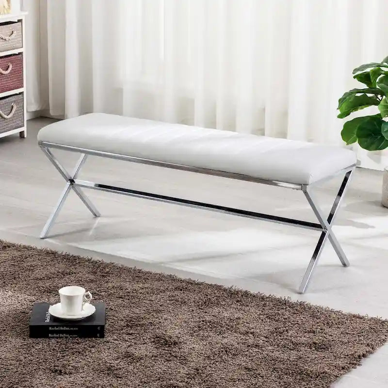 Banc de salle à manger capitonné en similicuir blanc/marron jaunâtre/noir avec pieds en métal en X - Pour 2 personnes