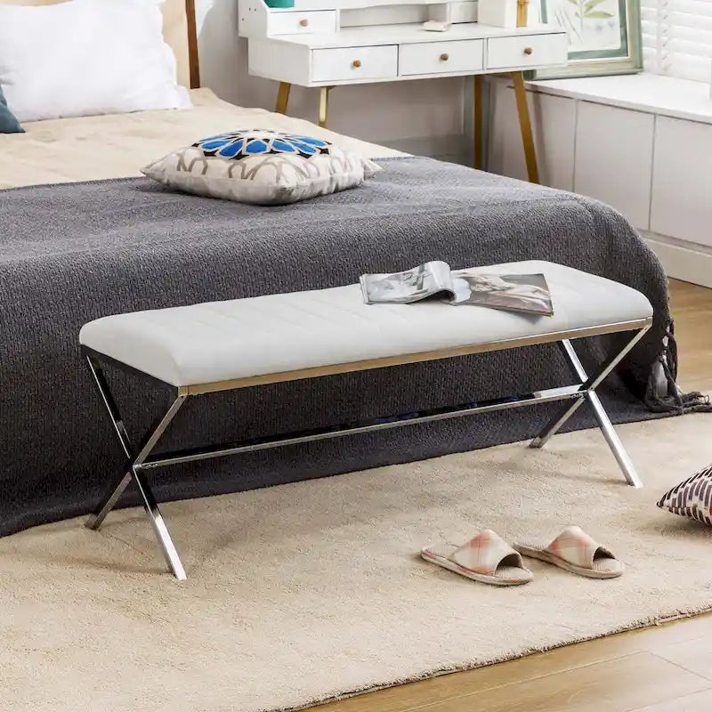 Banc de salle à manger capitonné en similicuir blanc/marron jaunâtre/noir avec pieds en métal en X - Pour 2 personnes