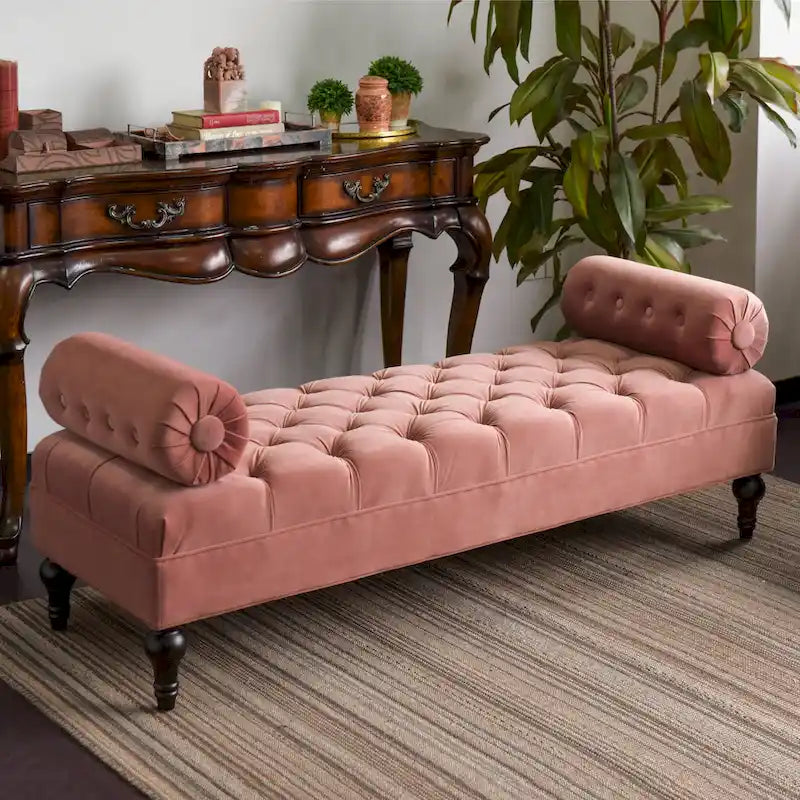 Banquette rembourrée en velours et tissu avec accoudoirs cylindriques – Bleu marine / Anthracite / Violet / Gris / Pêche / Rose / Or / Lavande / Beige / Chartreuse – 2 places