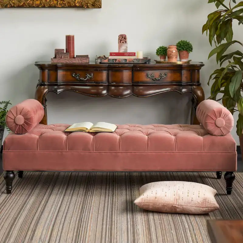 Banquette rembourrée en velours et tissu avec accoudoirs cylindriques – Bleu marine / Anthracite / Violet / Gris / Pêche / Rose / Or / Lavande / Beige / Chartreuse – 2 places