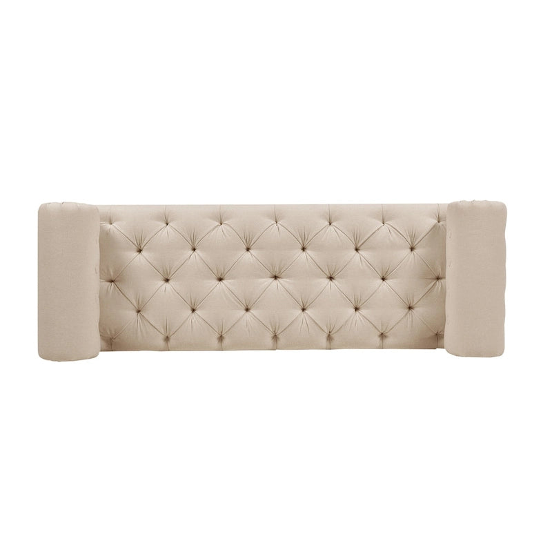 Banquette rembourrée en velours et tissu avec accoudoirs cylindriques – Bleu marine / Anthracite / Violet / Gris / Pêche / Rose / Or / Lavande / Beige / Chartreuse – 2 places