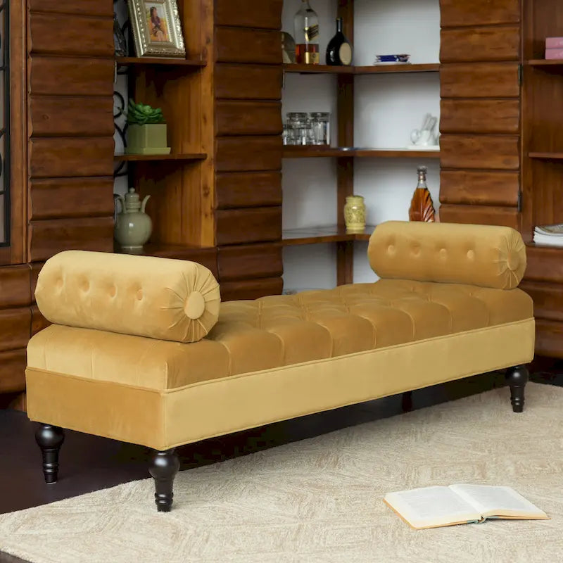 Banquette rembourrée en velours et tissu avec accoudoirs cylindriques – Bleu marine / Anthracite / Violet / Gris / Pêche / Rose / Or / Lavande / Beige / Chartreuse – 2 places