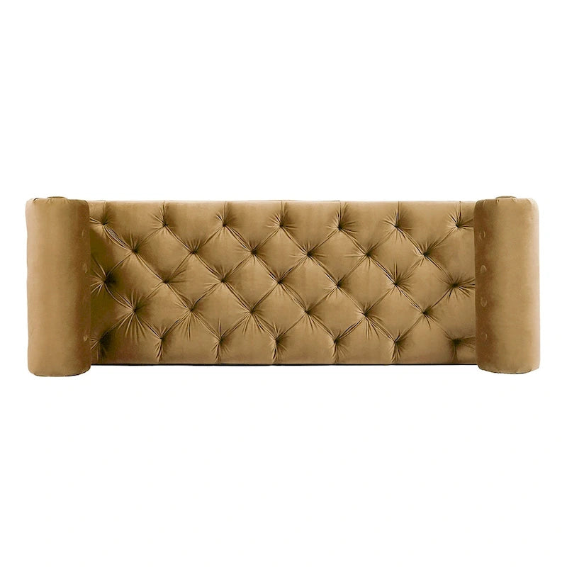 Banquette rembourrée en velours et tissu avec accoudoirs cylindriques – Bleu marine / Anthracite / Violet / Gris / Pêche / Rose / Or / Lavande / Beige / Chartreuse – 2 places