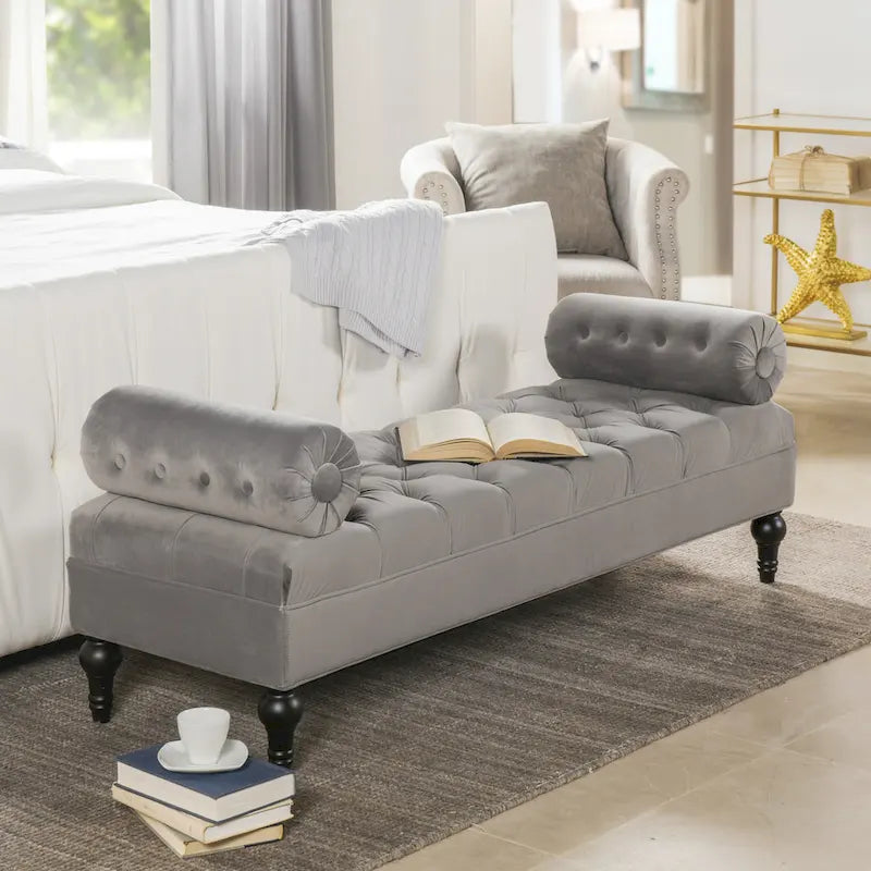 Banquette rembourrée en velours et tissu avec accoudoirs cylindriques – Bleu marine / Anthracite / Violet / Gris / Pêche / Rose / Or / Lavande / Beige / Chartreuse – 2 places
