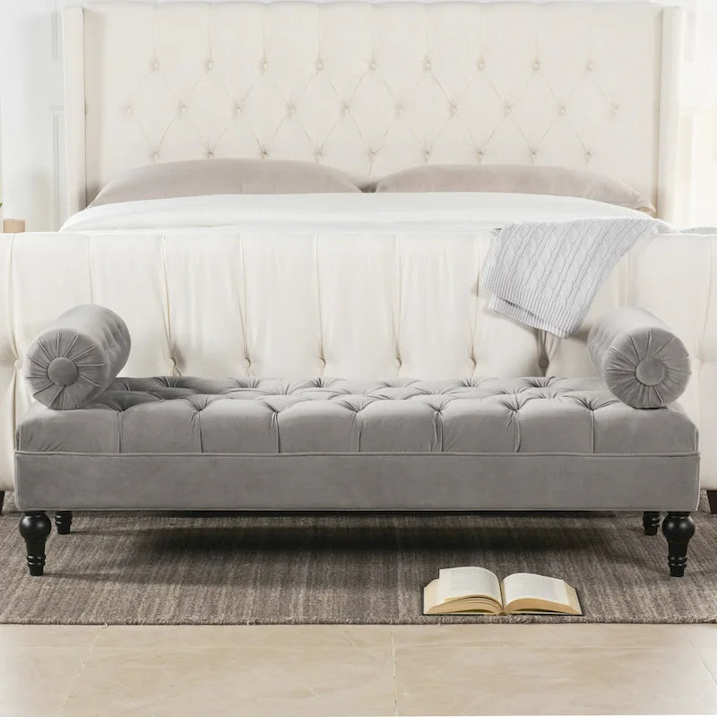 Banquette rembourrée en velours et tissu avec accoudoirs cylindriques – Bleu marine / Anthracite / Violet / Gris / Pêche / Rose / Or / Lavande / Beige / Chartreuse – 2 places