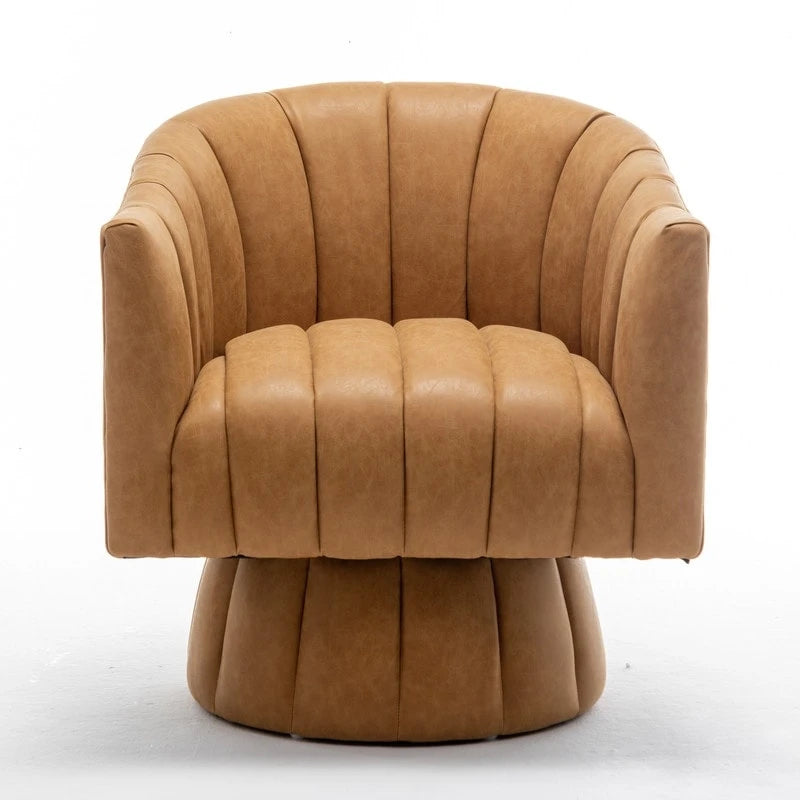 Fauteuil pivotant rond et touffeté en similicuir mi-siècle, moutarde/abricot foncé/noir/marron - Usage unique