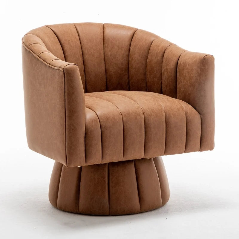 Fauteuil pivotant rond et touffeté en similicuir mi-siècle, moutarde/abricot foncé/noir/marron - Usage unique