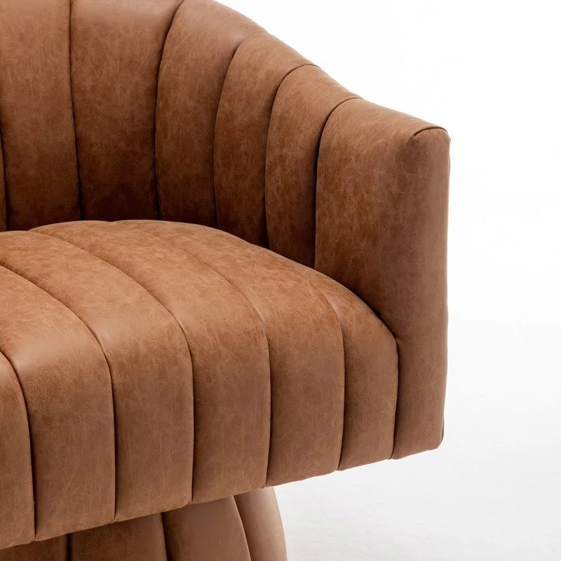Fauteuil pivotant rond et touffeté en similicuir mi-siècle, moutarde/abricot foncé/noir/marron - Usage unique