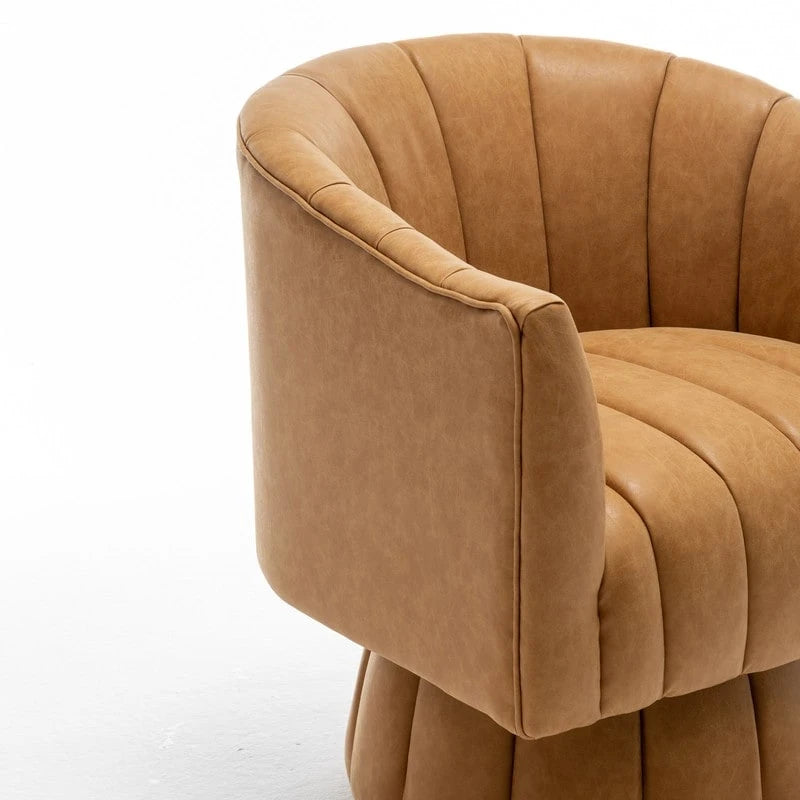 Fauteuil pivotant rond et touffeté en similicuir mi-siècle, moutarde/abricot foncé/noir/marron - Usage unique