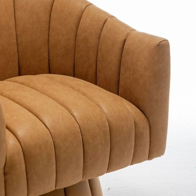 Fauteuil pivotant rond et touffeté en similicuir mi-siècle, moutarde/abricot foncé/noir/marron - Usage unique