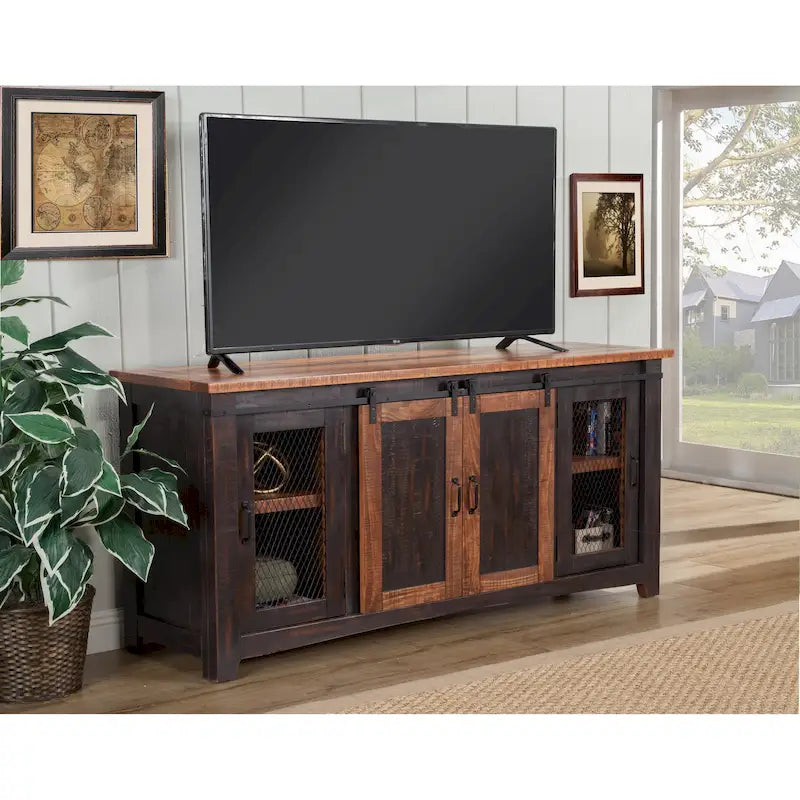 Meuble TV rustique de ferme en pin massif avec portes coulissantes - Noir antique / Blanc gris / Naturel / Blanc antique / Miel Tabac / Espresso / Gris - Usage unique