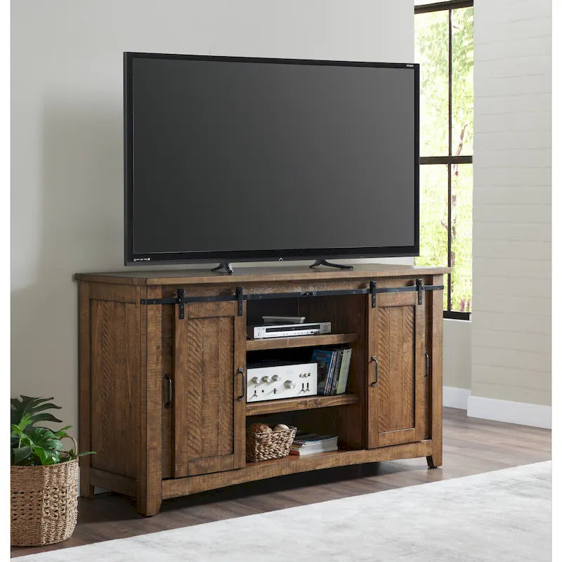 Meuble TV rustique de ferme en pin massif avec portes coulissantes - Noir antique / Blanc gris / Naturel / Blanc antique / Miel Tabac / Espresso / Gris - Usage unique