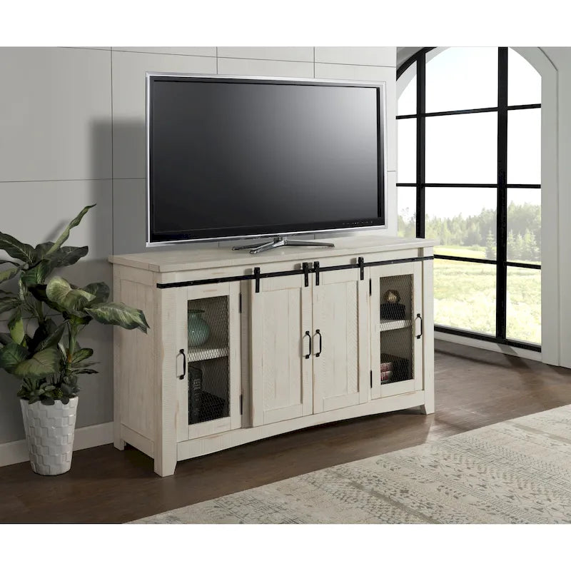 Meuble TV rustique de ferme en pin massif avec portes coulissantes - Noir antique / Blanc gris / Naturel / Blanc antique / Miel Tabac / Espresso / Gris - Usage unique