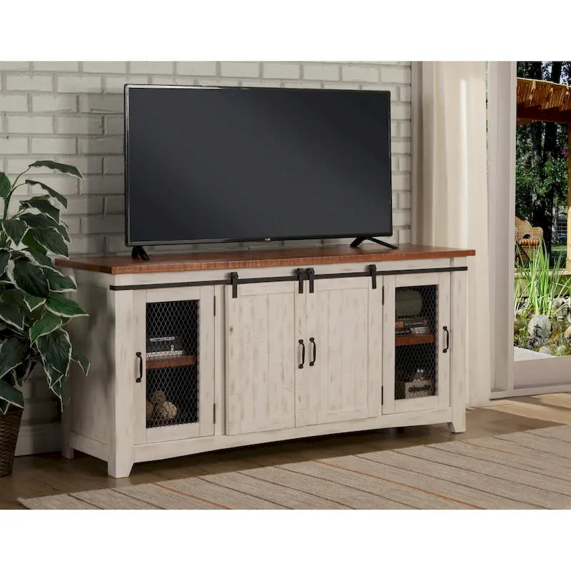 Meuble TV rustique de ferme en pin massif avec portes coulissantes - Noir antique / Blanc gris / Naturel / Blanc antique / Miel Tabac / Espresso / Gris - Usage unique
