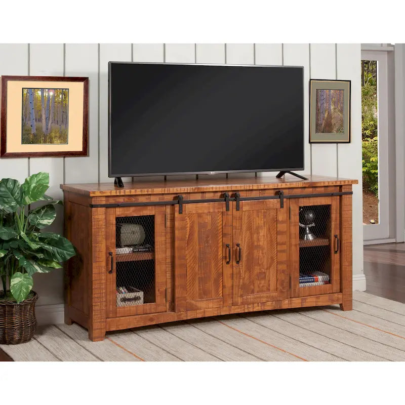 Meuble TV rustique de ferme en pin massif avec portes coulissantes - Noir antique / Blanc gris / Naturel / Blanc antique / Miel Tabac / Espresso / Gris - Usage unique