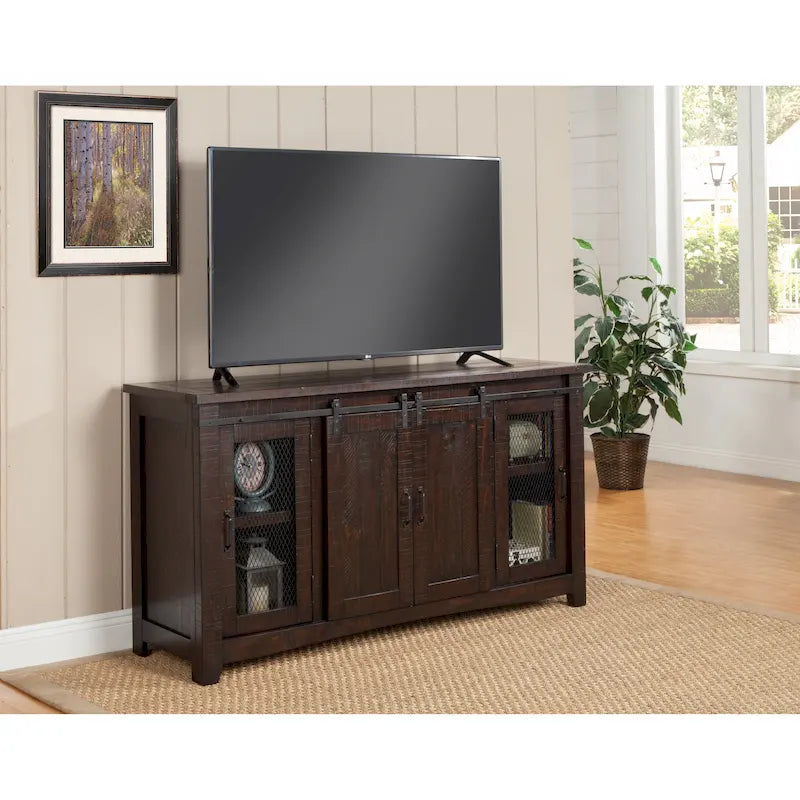 Meuble TV rustique de ferme en pin massif avec portes coulissantes - Noir antique / Blanc gris / Naturel / Blanc antique / Miel Tabac / Espresso / Gris - Usage unique